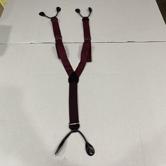 Vintage Burgundy Made in England 100% Silk Adjustable/Button Leather Suspenders - Picture 1 of 3